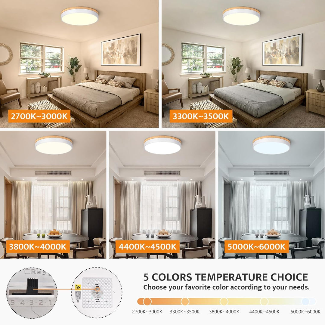 Yiisem Dimmable Wood LED Flush Mount Ceiling Light, 2700K - 6000K Selectable Modern Round Close to Ceiling Lighting Fixtures, Minimalist White Ceiling Lamp for Living Room, Bedroom, Laundry Room - Just Closeouts Canada Inc.