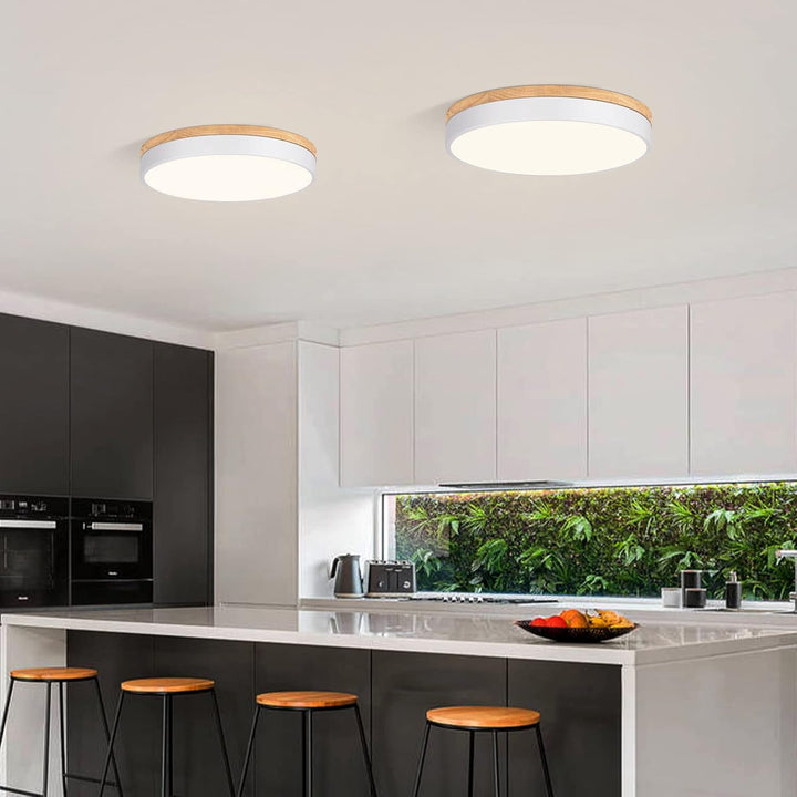 Yiisem Dimmable Wood LED Flush Mount Ceiling Light, 2700K - 6000K Selectable Modern Round Close to Ceiling Lighting Fixtures, Minimalist White Ceiling Lamp for Living Room, Bedroom, Laundry Room - Just Closeouts Canada Inc.