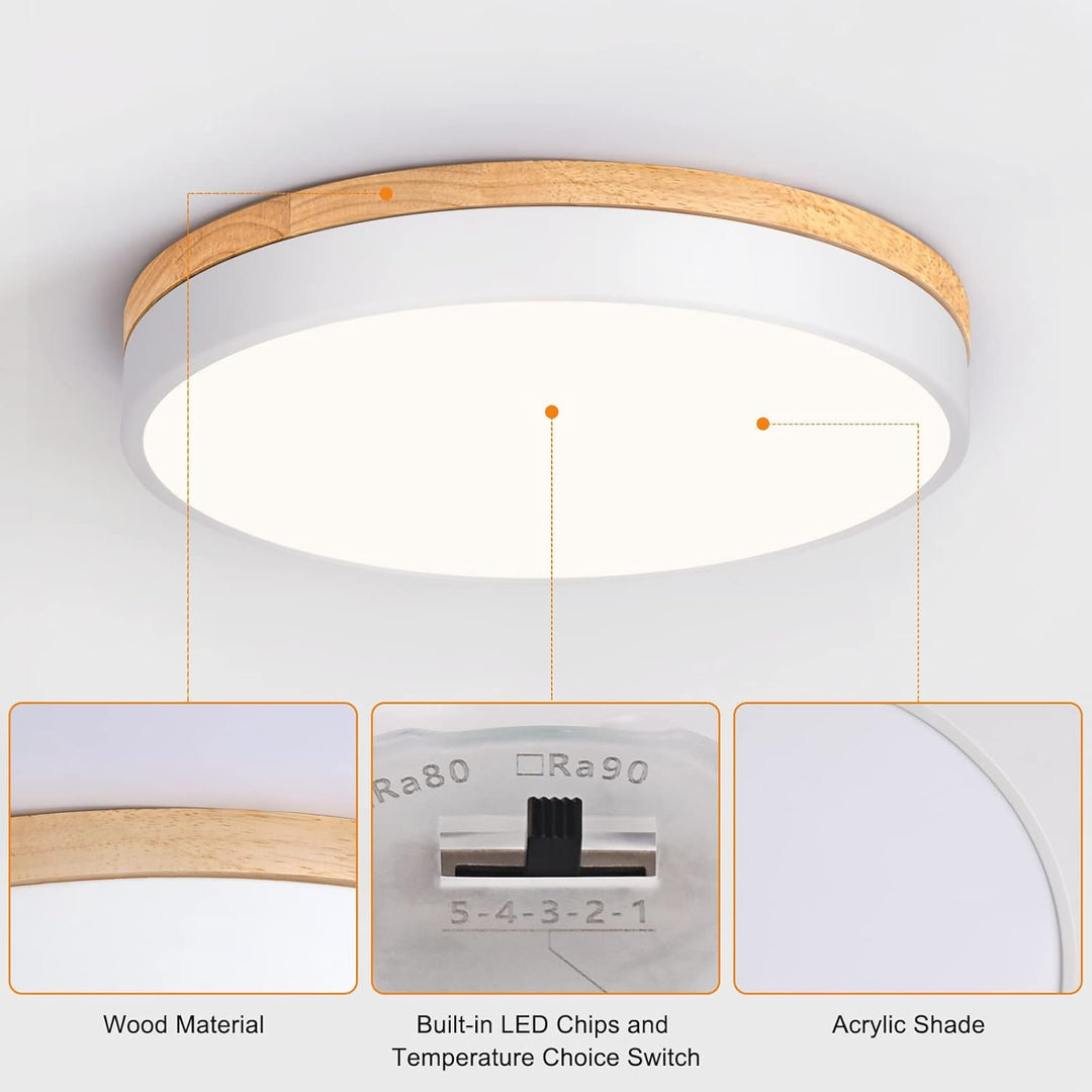 Yiisem Dimmable Wood LED Flush Mount Ceiling Light, 2700K - 6000K Selectable Modern Round Close to Ceiling Lighting Fixtures, Minimalist White Ceiling Lamp for Living Room, Bedroom, Laundry Room - Just Closeouts Canada Inc.