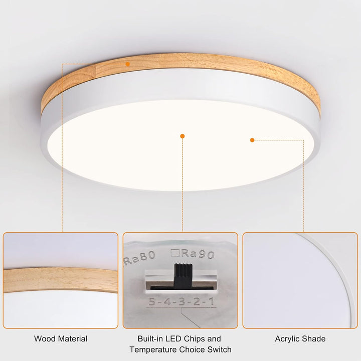 Yiisem Dimmable Wood LED Flush Mount Ceiling Light, 2700K - 6000K Selectable Modern Round Close to Ceiling Lighting Fixtures, Minimalist White Ceiling Lamp for Living Room, Bedroom, Laundry Room - Just Closeouts Canada Inc.