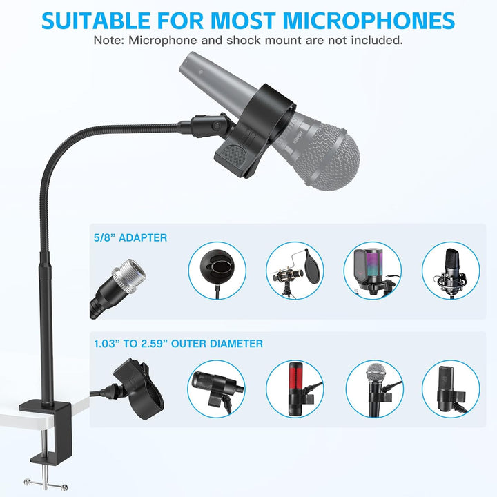 ZealSound Microphone Stand 19inch,Flexible Gooseneck Desktop Mic Stands,Upgraded Microphone Clip Holder for Mics with Outer Diameter 1.03" and 2.59",3/8" to 5/8" Screw Adapter for Blue Yeti and More - Just Closeouts Canada Inc.