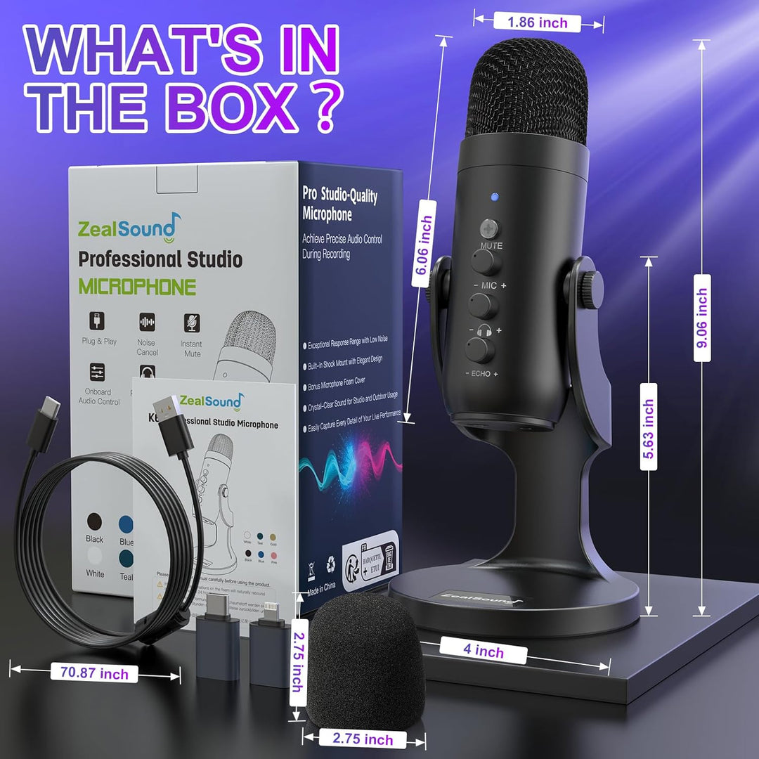 ZealSound USB Microphone,Condenser Phone Computer PC Mic kit,Plug&Play Gaming Microphones for PS 4&5.Mic Gain&Volume Control,Echo &Mute Button for Vocal,Record,Streaming,Discord YouTube Podcast on Mac - Just Closeouts Canada Inc.