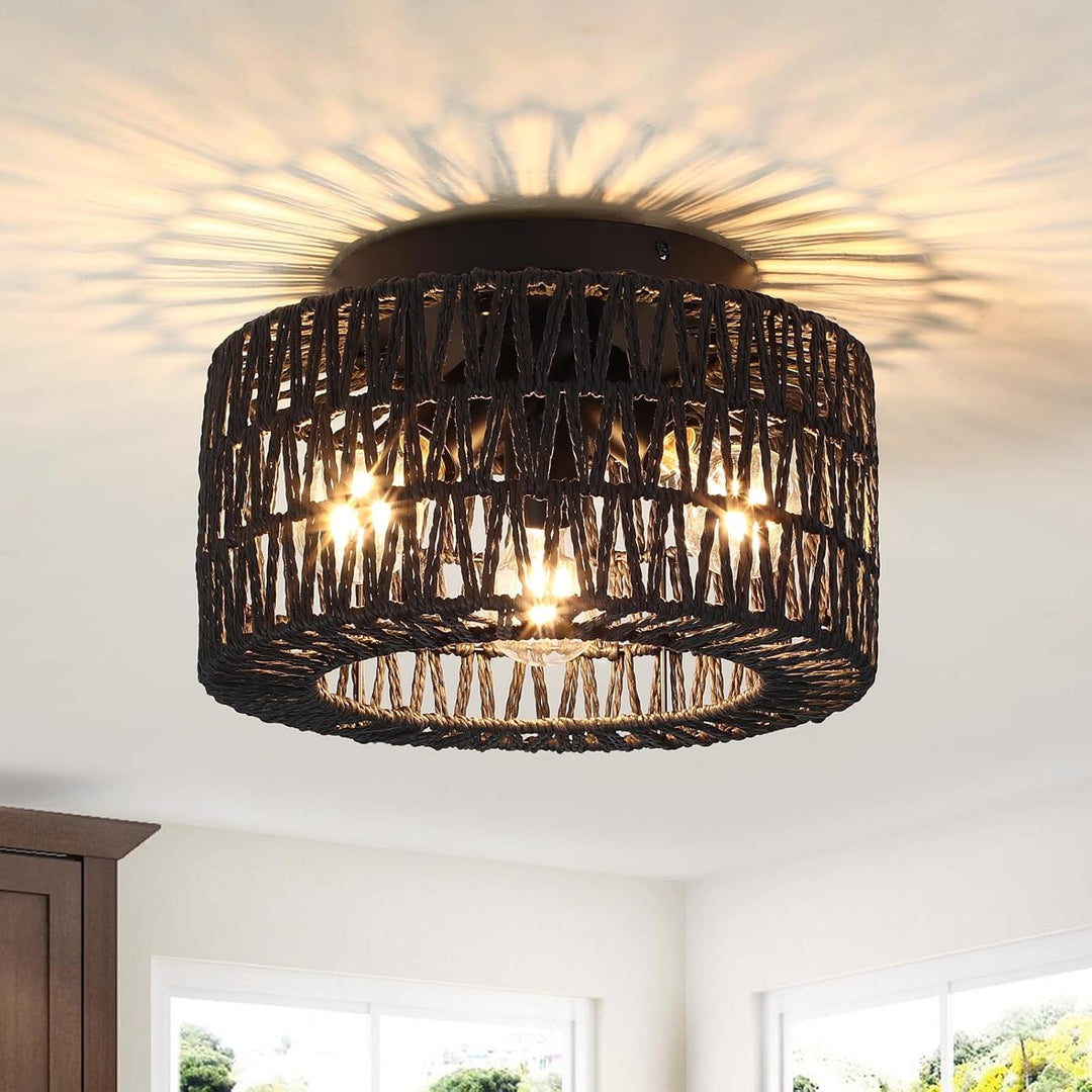ZLNIDJIA Boho Light Fixtures 3 - Light Rattan Chandelier Retro Black Semi Flush Mount Ceiling Light Hand Woven Retro Ceiling Light Fixtures for Hallway Bedroom Kitchen Entryway Foyer Dining Room - Just Closeouts Canada Inc.