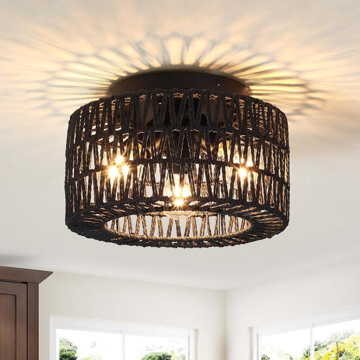 ZLNIDJIA Boho Light Fixtures 3 - Light Rattan Chandelier Retro Black Semi Flush Mount Ceiling Light Hand Woven Retro Ceiling Light Fixtures for Hallway Bedroom Kitchen Entryway Foyer Dining Room - Just Closeouts Canada Inc.