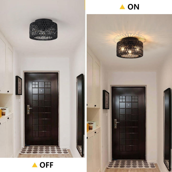 ZLNIDJIA Boho Light Fixtures 3 - Light Rattan Chandelier Retro Black Semi Flush Mount Ceiling Light Hand Woven Retro Ceiling Light Fixtures for Hallway Bedroom Kitchen Entryway Foyer Dining Room - Just Closeouts Canada Inc.