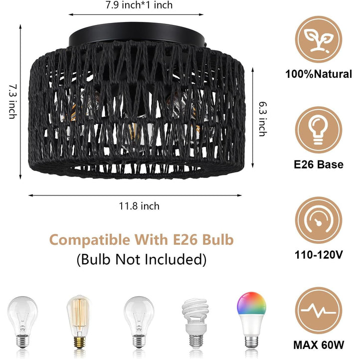 ZLNIDJIA Boho Light Fixtures 3 - Light Rattan Chandelier Retro Black Semi Flush Mount Ceiling Light Hand Woven Retro Ceiling Light Fixtures for Hallway Bedroom Kitchen Entryway Foyer Dining Room - Just Closeouts Canada Inc.
