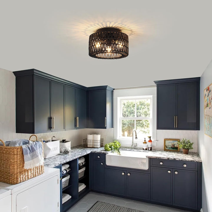 ZLNIDJIA Boho Light Fixtures 3 - Light Rattan Chandelier Retro Black Semi Flush Mount Ceiling Light Hand Woven Retro Ceiling Light Fixtures for Hallway Bedroom Kitchen Entryway Foyer Dining Room - Just Closeouts Canada Inc.