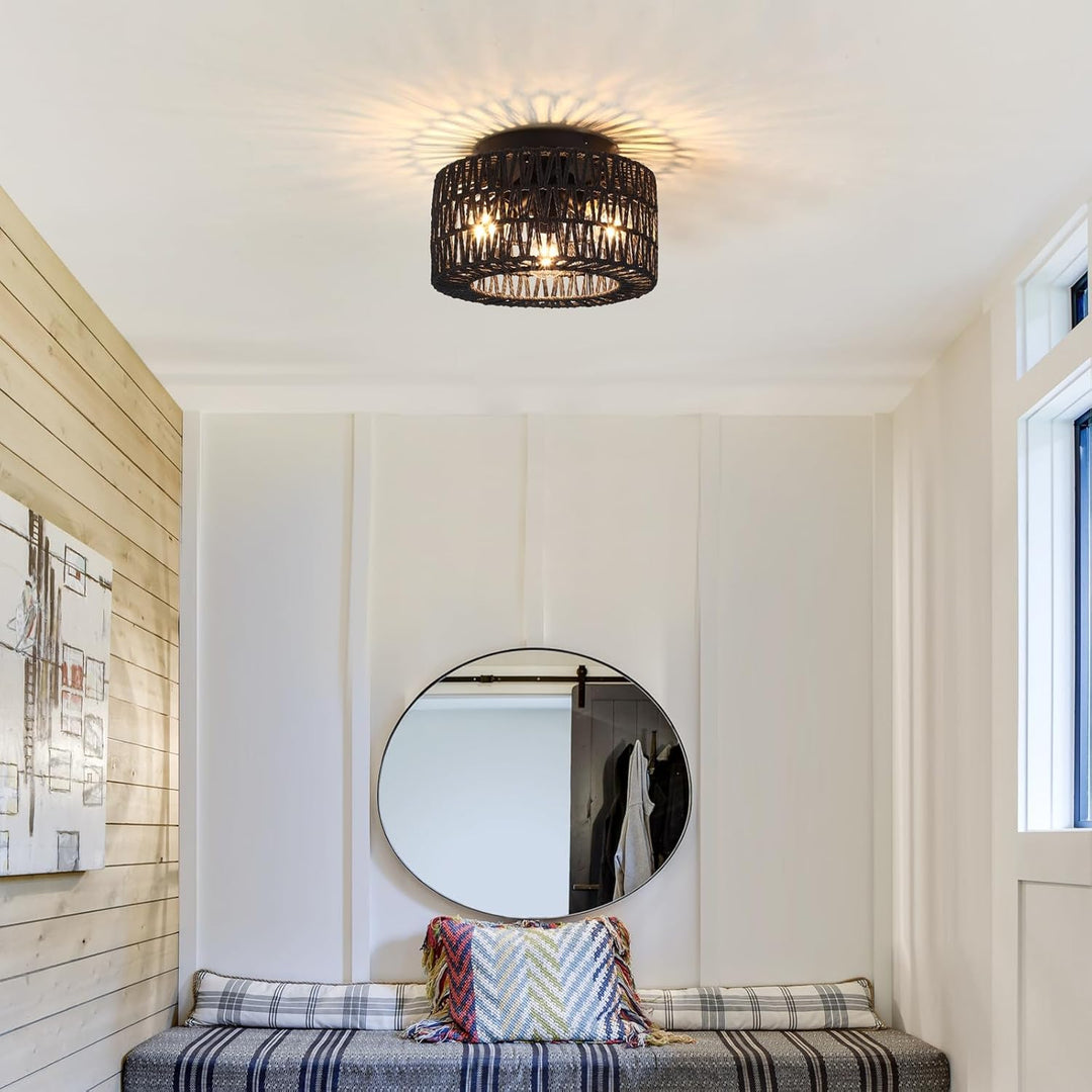 ZLNIDJIA Boho Light Fixtures 3 - Light Rattan Chandelier Retro Black Semi Flush Mount Ceiling Light Hand Woven Retro Ceiling Light Fixtures for Hallway Bedroom Kitchen Entryway Foyer Dining Room - Just Closeouts Canada Inc.