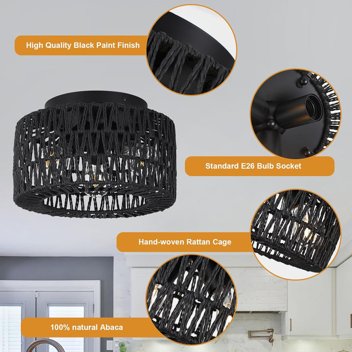 ZLNIDJIA Boho Light Fixtures 3 - Light Rattan Chandelier Retro Black Semi Flush Mount Ceiling Light Hand Woven Retro Ceiling Light Fixtures for Hallway Bedroom Kitchen Entryway Foyer Dining Room - Just Closeouts Canada Inc.