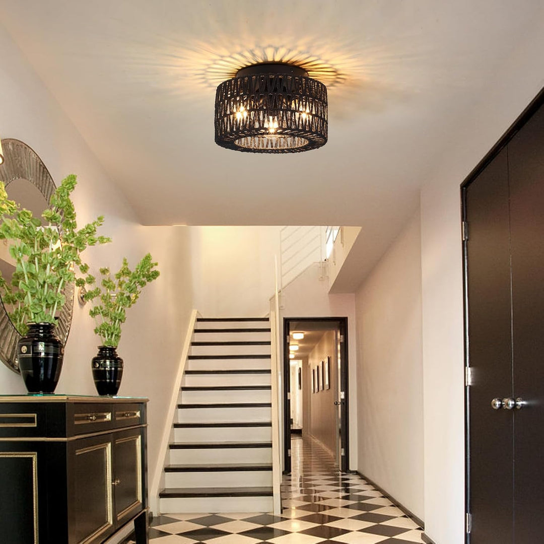 ZLNIDJIA Boho Light Fixtures 3 - Light Rattan Chandelier Retro Black Semi Flush Mount Ceiling Light Hand Woven Retro Ceiling Light Fixtures for Hallway Bedroom Kitchen Entryway Foyer Dining Room - Just Closeouts Canada Inc.