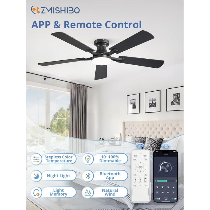 ZMISHIBO 52 Inch Ceiling Fan with Light, App&Remote Contorl, Flush Mount Low Profile, Dimmable 20W LED Light, Quiet Reversible Motor for Bedroom, Living Room, Apartment, Black - Just Closeouts Canada Inc.