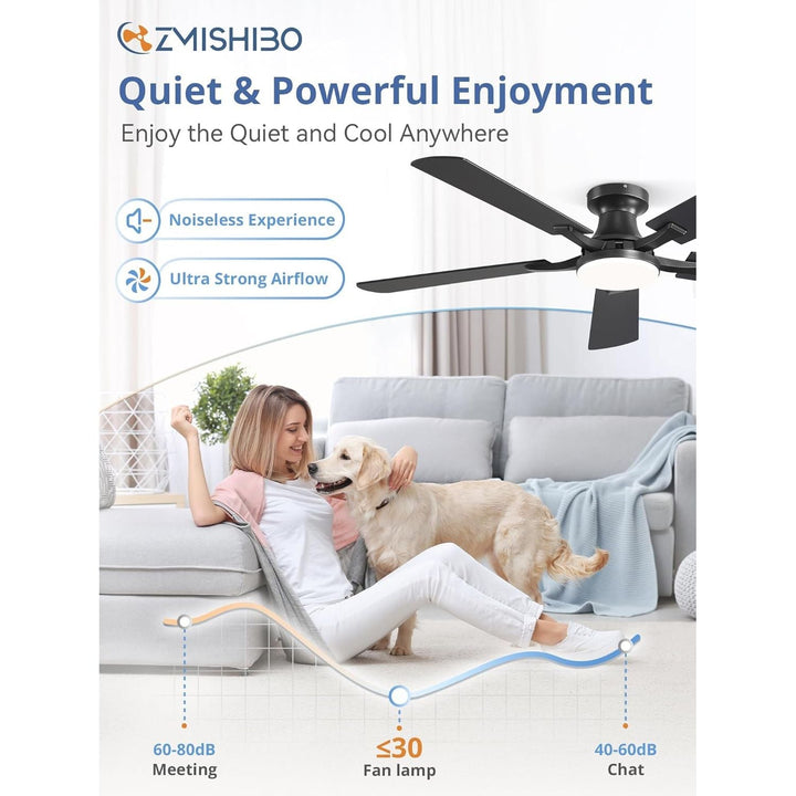 ZMISHIBO 52 Inch Ceiling Fan with Light, App&Remote Contorl, Flush Mount Low Profile, Dimmable 20W LED Light, Quiet Reversible Motor for Bedroom, Living Room, Apartment, Black - Just Closeouts Canada Inc.