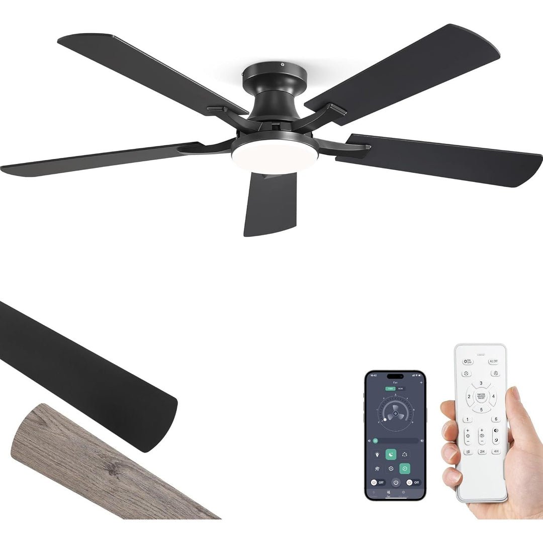 ZMISHIBO 52 Inch Ceiling Fan with Light, App&Remote Contorl, Flush Mount Low Profile, Dimmable 20W LED Light, Quiet Reversible Motor for Bedroom, Living Room, Apartment, Black - Just Closeouts Canada Inc.