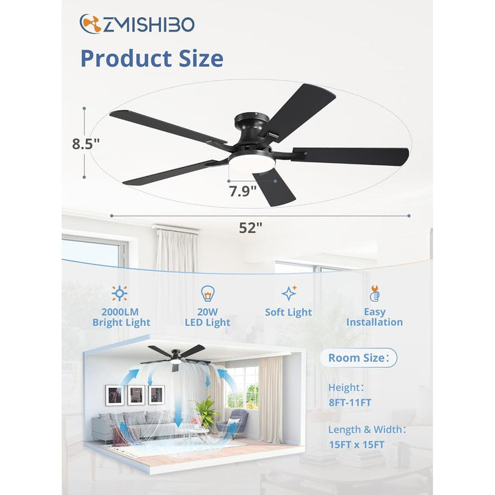 ZMISHIBO 52 Inch Ceiling Fan with Light, App&Remote Contorl, Flush Mount Low Profile, Dimmable 20W LED Light, Quiet Reversible Motor for Bedroom, Living Room, Apartment, Black - Just Closeouts Canada Inc.
