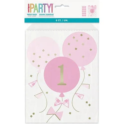 1st Birthday Pink 8 Foil Stamped Treat Bags with Sticker Closures - Just Closeouts Canada Inc.011179749133