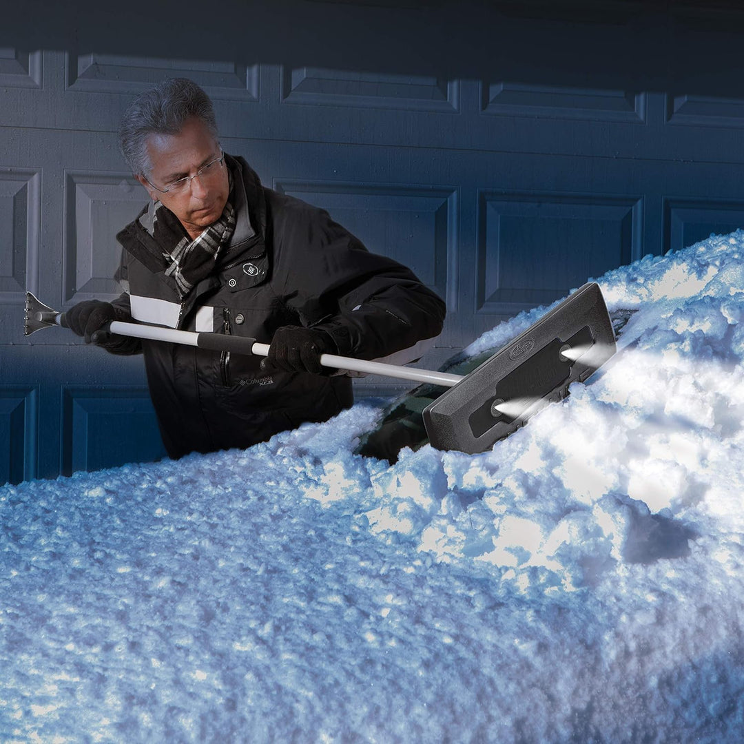 Snow Joe SJBLZD-LED-BLK 4-In-1 Telescoping Snow Broom + Ice Scraper | 18-Inch Foam Head | Headlights (Black) - Just Closeouts Canada Inc.810829026651